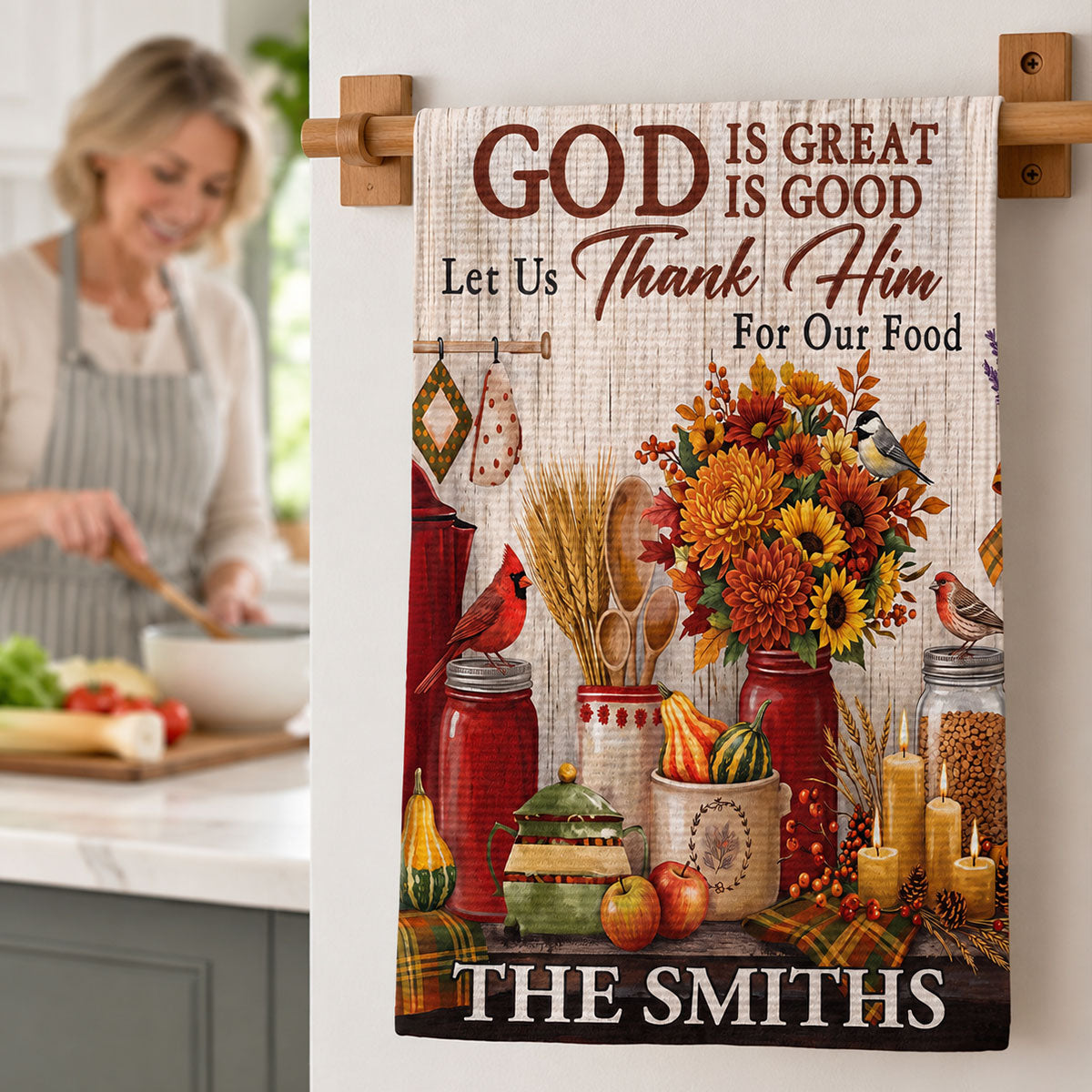 God Is Great God Is Good Let Us Thank Him For Our Food, Gift For Family | Personalized Kitchen Towel