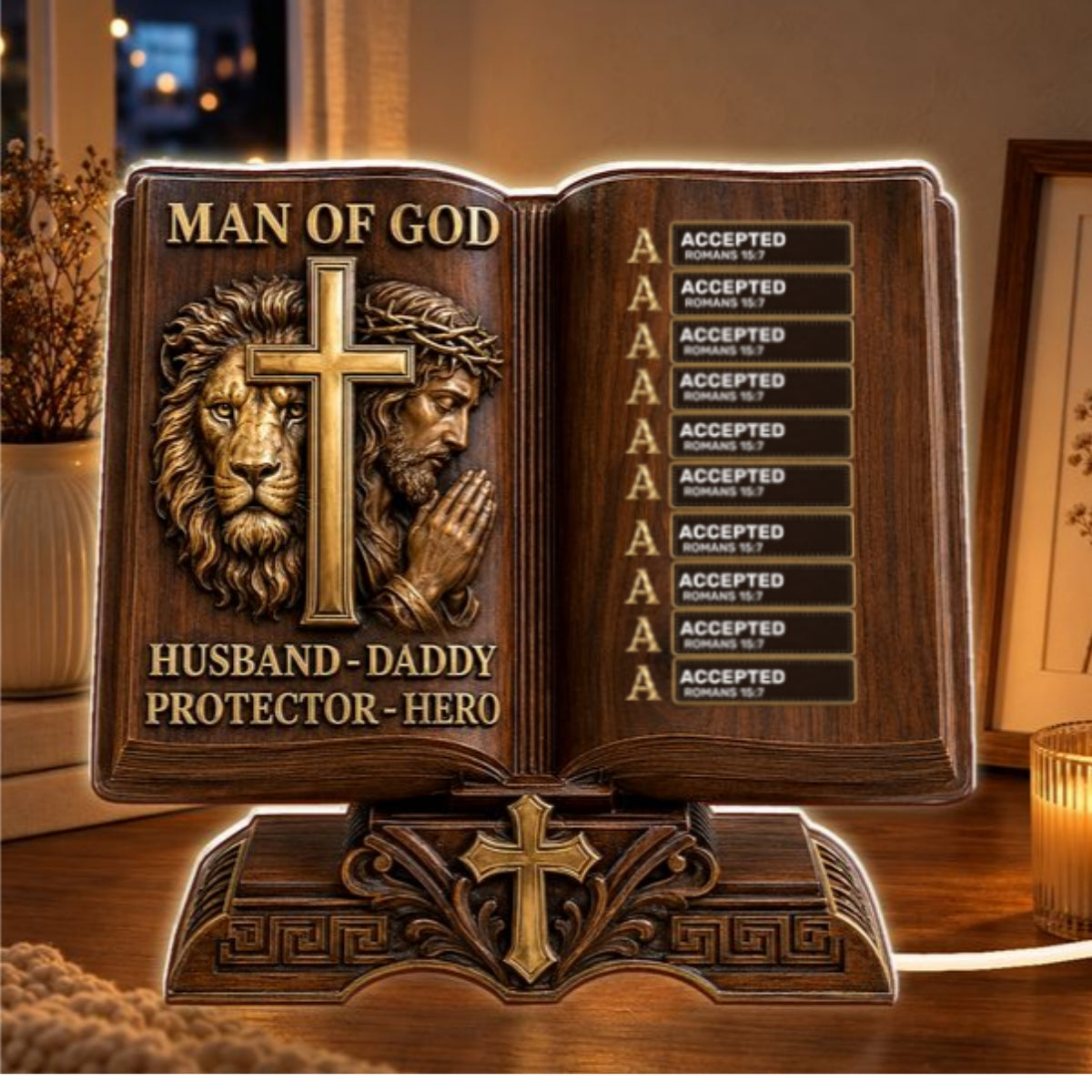 Man Of God Husband Daddy Protector Hero Wooden Edition, Gift For Husband And Dad | Personalized Light Box