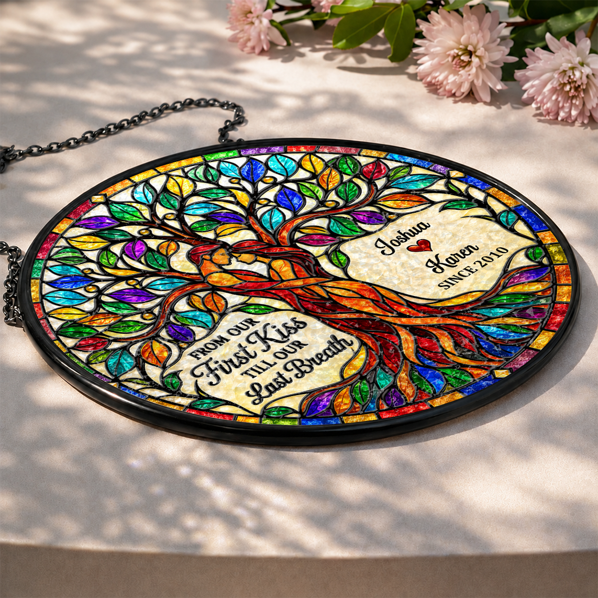 From Our First Kiss Tree Of Love, Gift For Loved One | Personalized Stained Glass Window Hanging Suncatcher