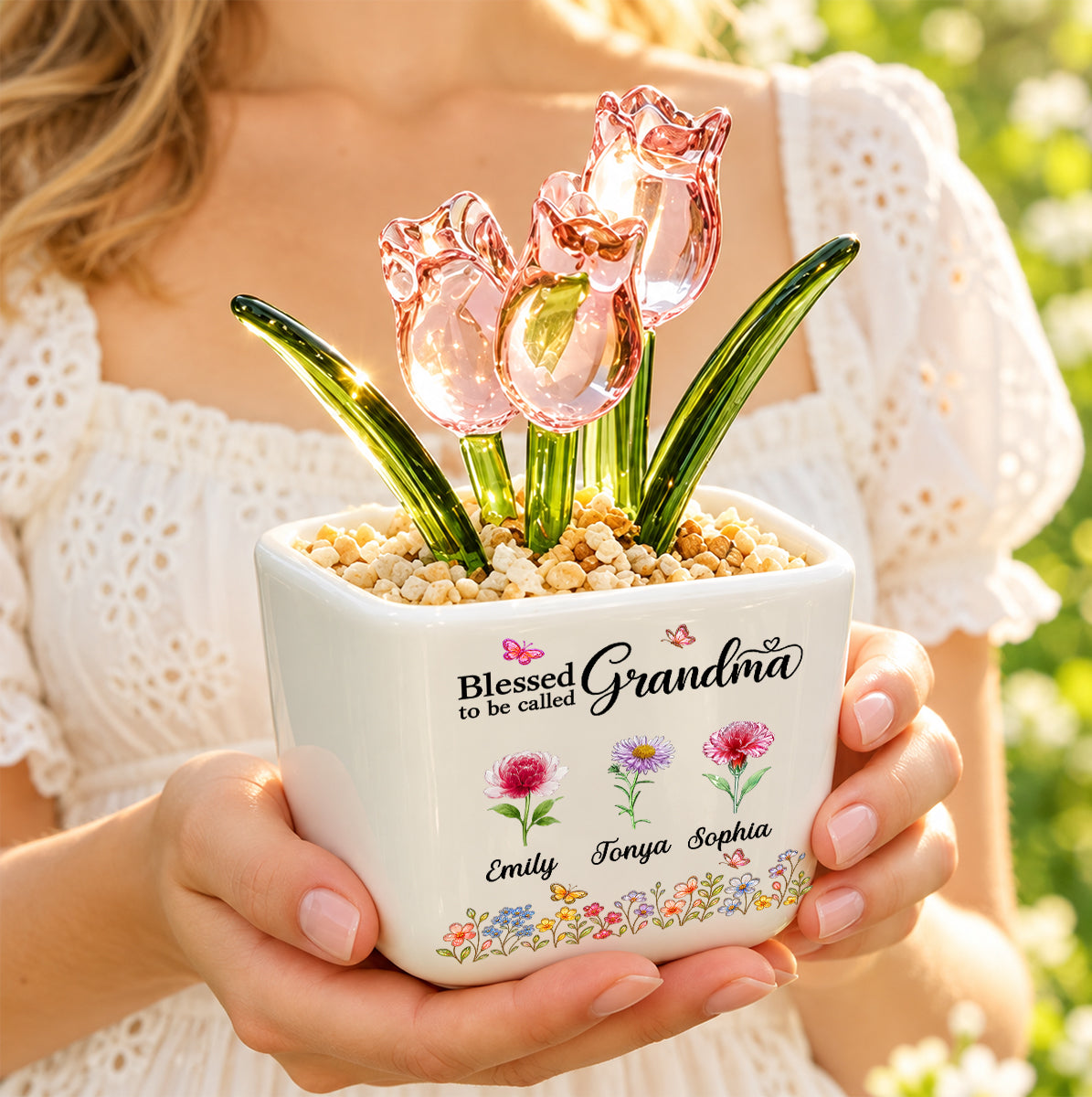 Blessed To Be Called Grandma, Christian Mother's Day Gifts For Grandma | Personalized Glass Everlasting Tulips