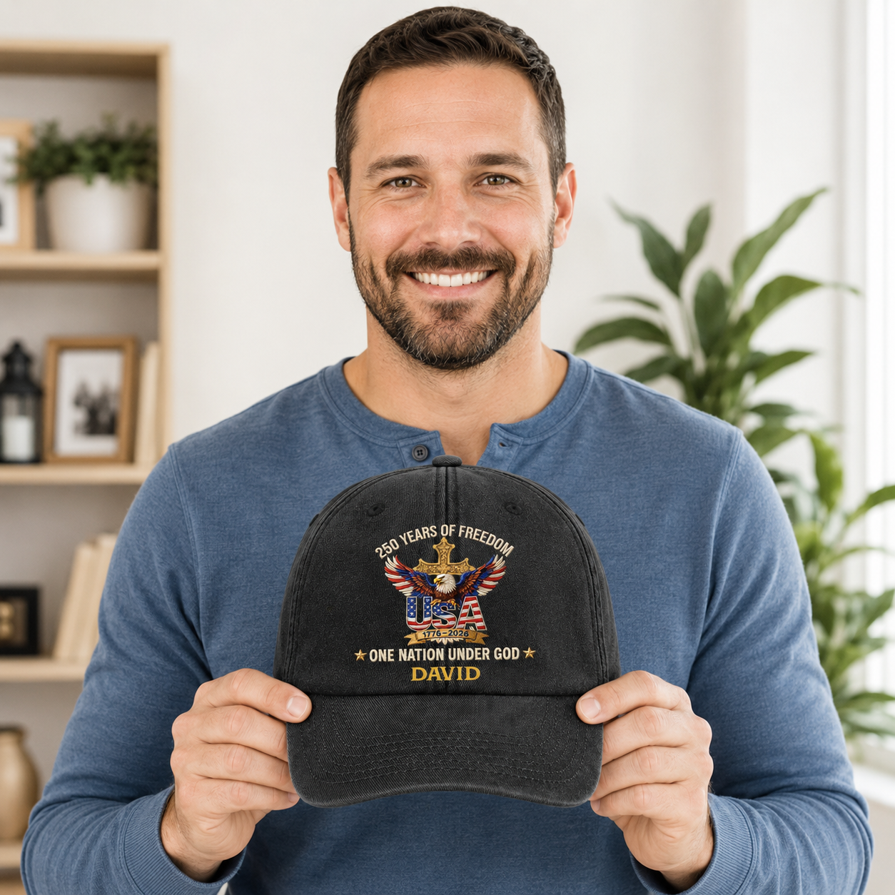 Faux Puff Embroidery Effect 250 Years Of Freedom One Nation Under God | Personalized Vintage Washed Denim Cap