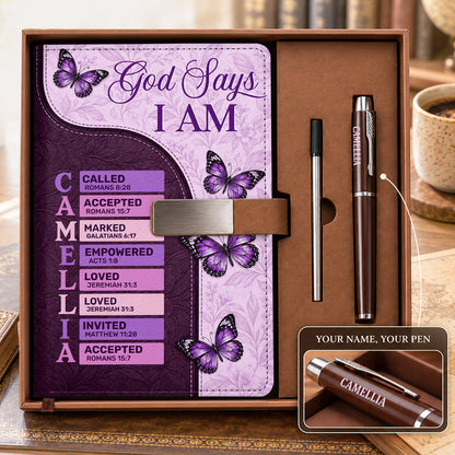 God Says I Am, Gift For Her | Personalized Leather Notebook & Pen Set
