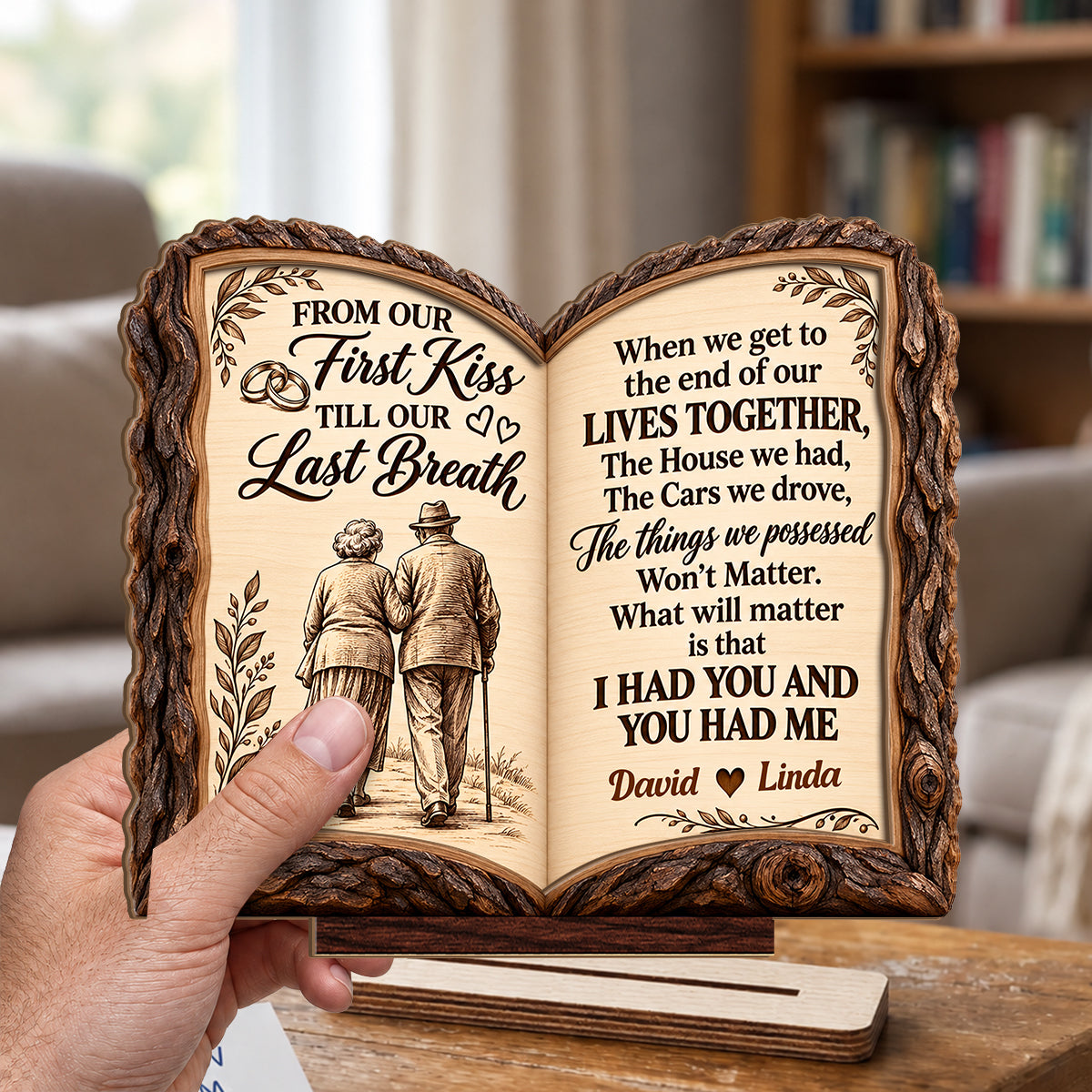 From Our First Kiss To Our Last Breath Love Journey Book, Anniversary Gifts For Couples | Personalized 2-Layer Wood Plaque With Flat Base