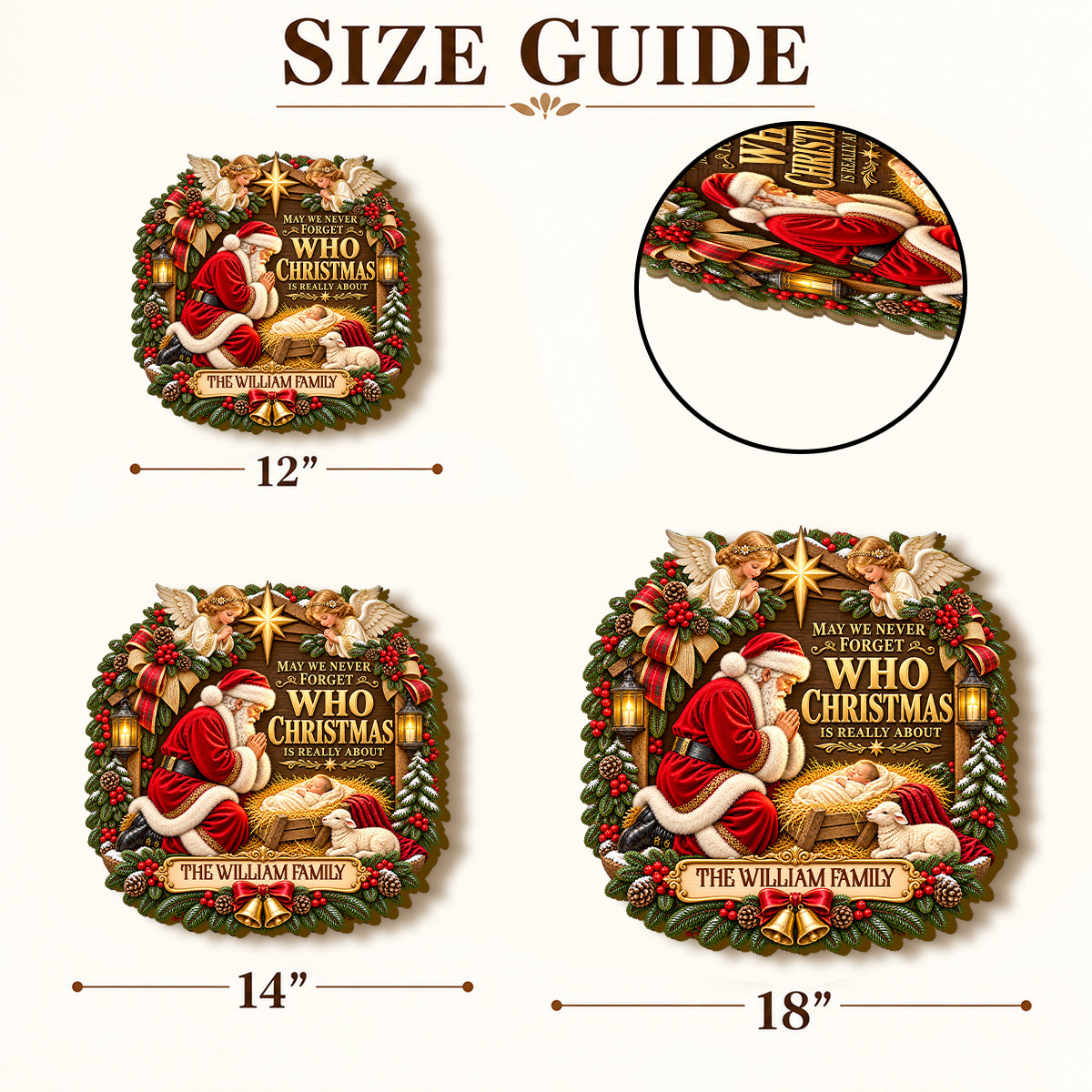 Santa Kneeling Before Baby Jesus, Gift For Family | Personalized Wooden Door Sign