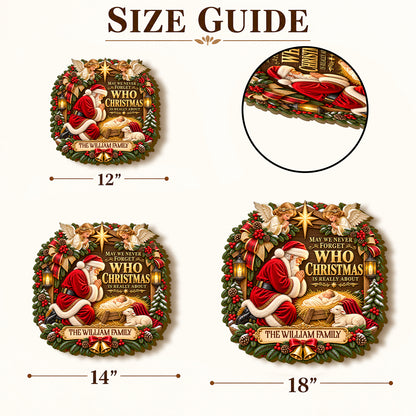 Santa Kneeling Before Baby Jesus, Gift For Family | Personalized Wooden Door Sign
