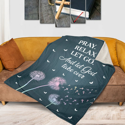 Christian Fleece Blanket, Pray Relax Let Go Quote Blanket, Inspirational Faith Gift