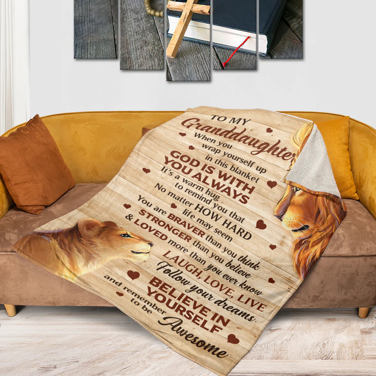 To My Granddaughter Christian Fleece Blanket, Lion Faith Encouragement Gift from Grandma