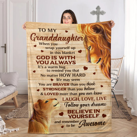 To My Granddaughter Christian Fleece Blanket, Lion Faith Encouragement Gift from Grandma