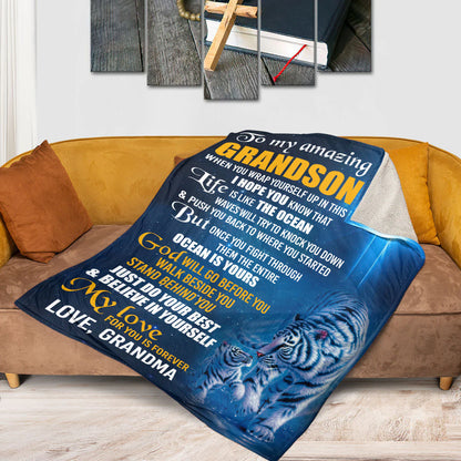 To My Grandson Christian Blanket, Faith Encouragement Gift from Grandma, God Will Go Before You Inspirational Blanket