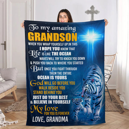 To My Grandson Christian Blanket, Faith Encouragement Gift from Grandma, God Will Go Before You Inspirational Blanket