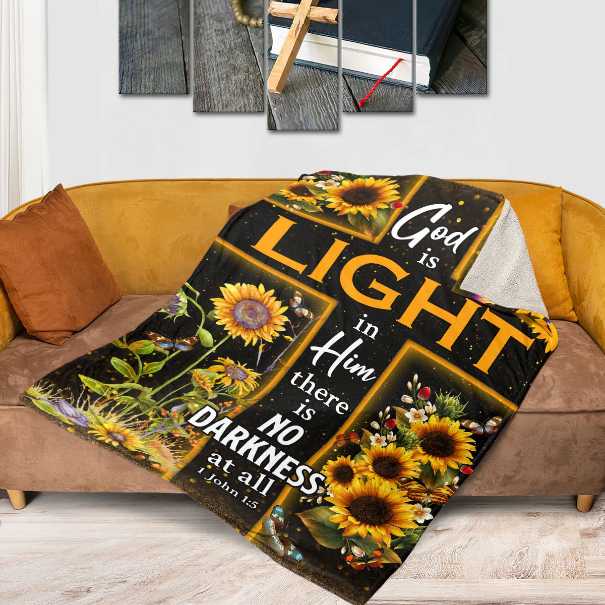 God Is Light Christian Fleece Blanket – 1 John 1:5 Sunflower Cross