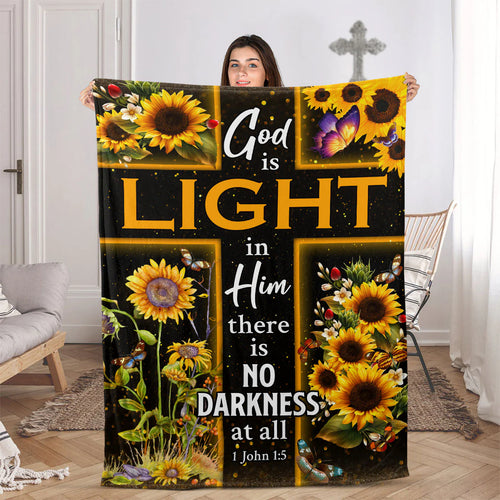 God Is Light Christian Fleece Blanket – 1 John 1:5 Sunflower Cross