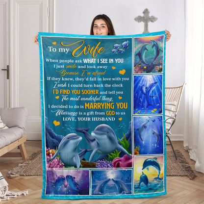 Marriage Is A Gift From God To Us - Cute Dolphin Couple Fleece Blanket