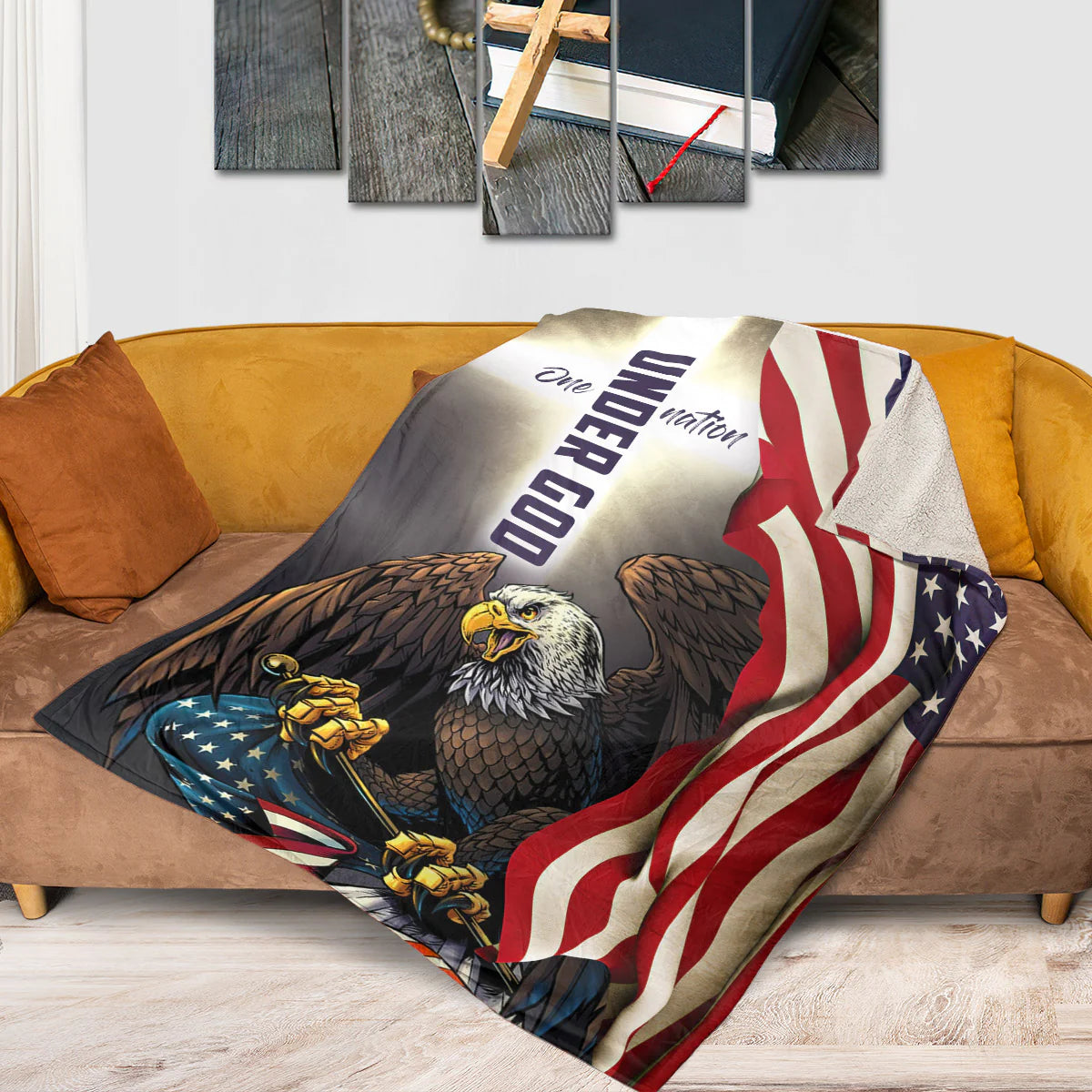 Christian Patriotic Fleece Blanket, One Nation Under God Eagle Flag
