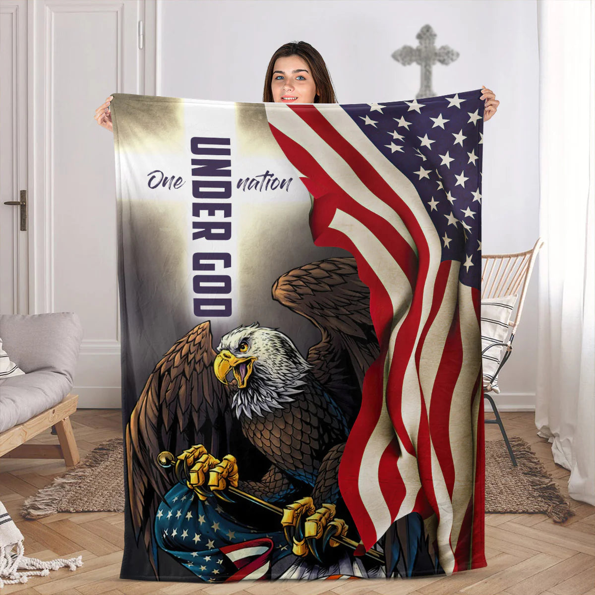 Christian Patriotic Fleece Blanket, One Nation Under God Eagle Flag