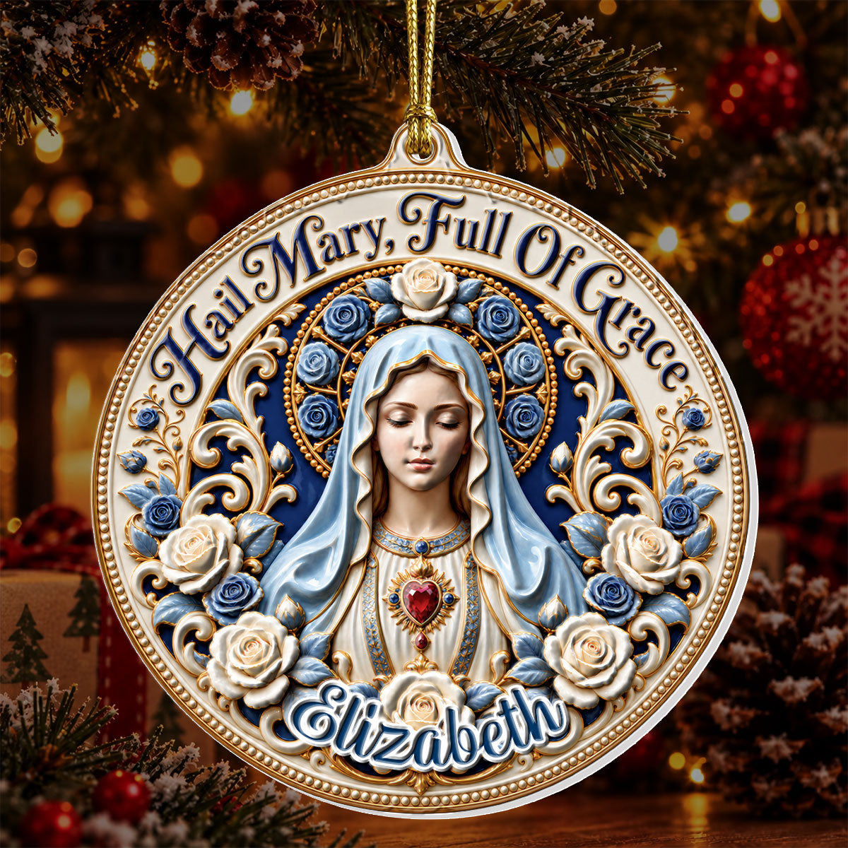 Hail Mary Full Of Grace, Gift For Her | Personalized 3D Relief White Acrylic Ornament