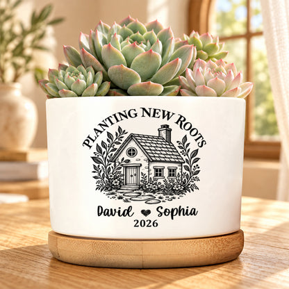 Planting New Roots, Couples Housewarming Gift | Personalized Ceramic Plant Pot With Bamboo Tray
