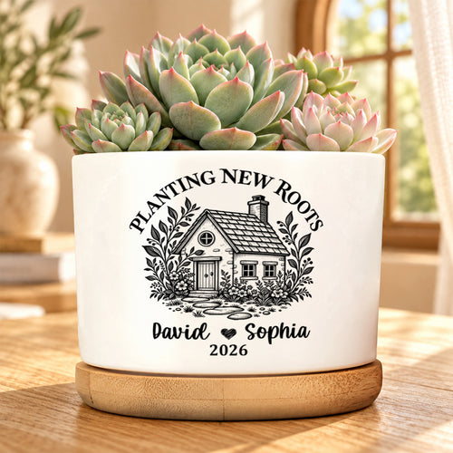 Planting New Roots, Couples Housewarming Gift | Personalized Ceramic Plant Pot With Bamboo Tray