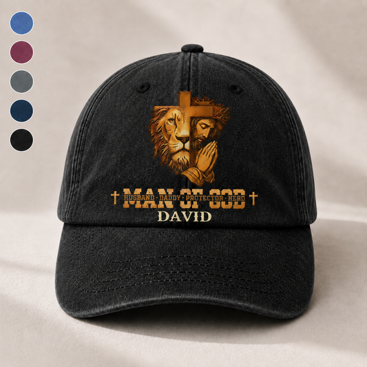 Man Of God, Gift of Strength | Personalized Vintage Washed Denim Cap
