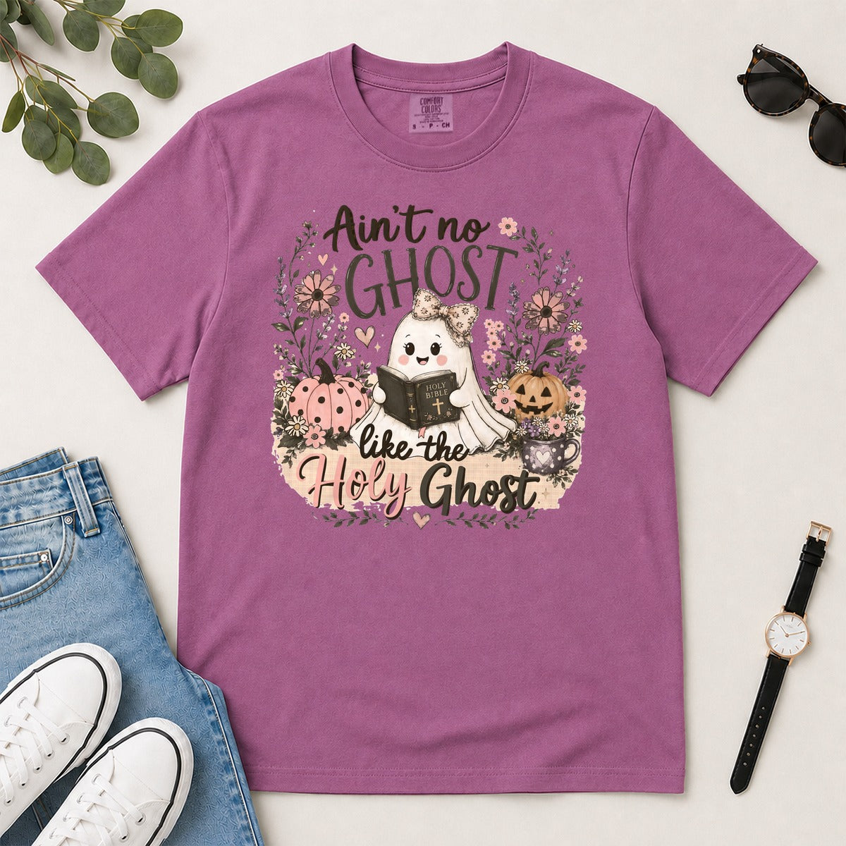 Ain't No Ghost Like The Holy Ghost, John 14:26, Christian Halloween Gift For Christian Women | 2D Unisex Garment-dyed T-shirt