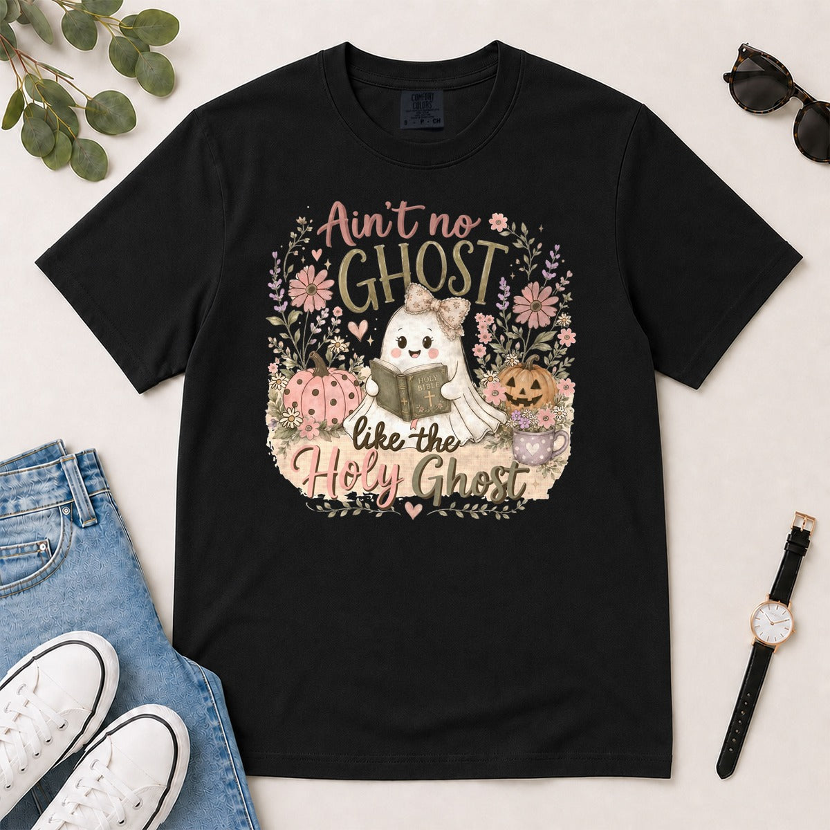 Ain't No Ghost Like The Holy Ghost, John 14:26, Christian Halloween Gift For Christian Women | 2D Unisex Garment-dyed T-shirt
