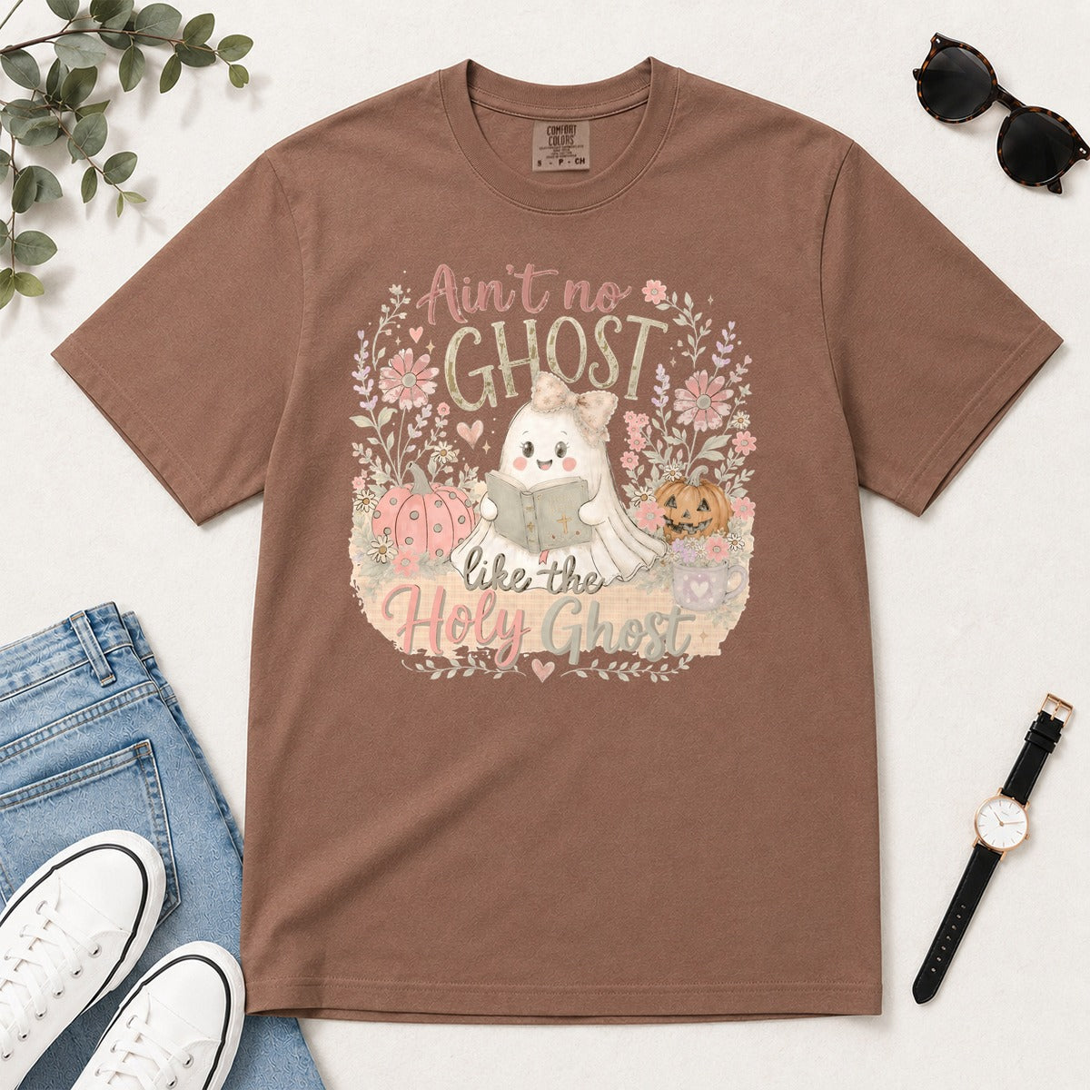 Ain't No Ghost Like The Holy Ghost, John 14:26, Christian Halloween Gift For Christian Women | 2D Unisex Garment-dyed T-shirt