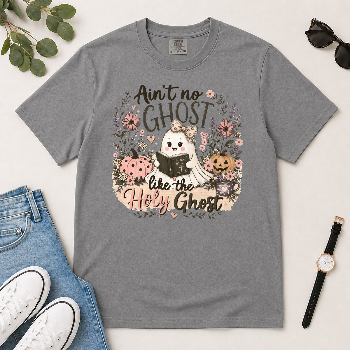 Ain't No Ghost Like The Holy Ghost, John 14:26, Christian Halloween Gift For Christian Women | 2D Unisex Garment-dyed T-shirt