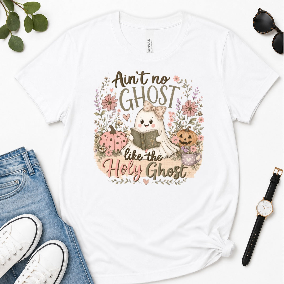 Ain't No Ghost Like The Holy Ghost, John 14：26, Christian Halloween Gift For Christian Women | 2D Unisex Premium T-shirt