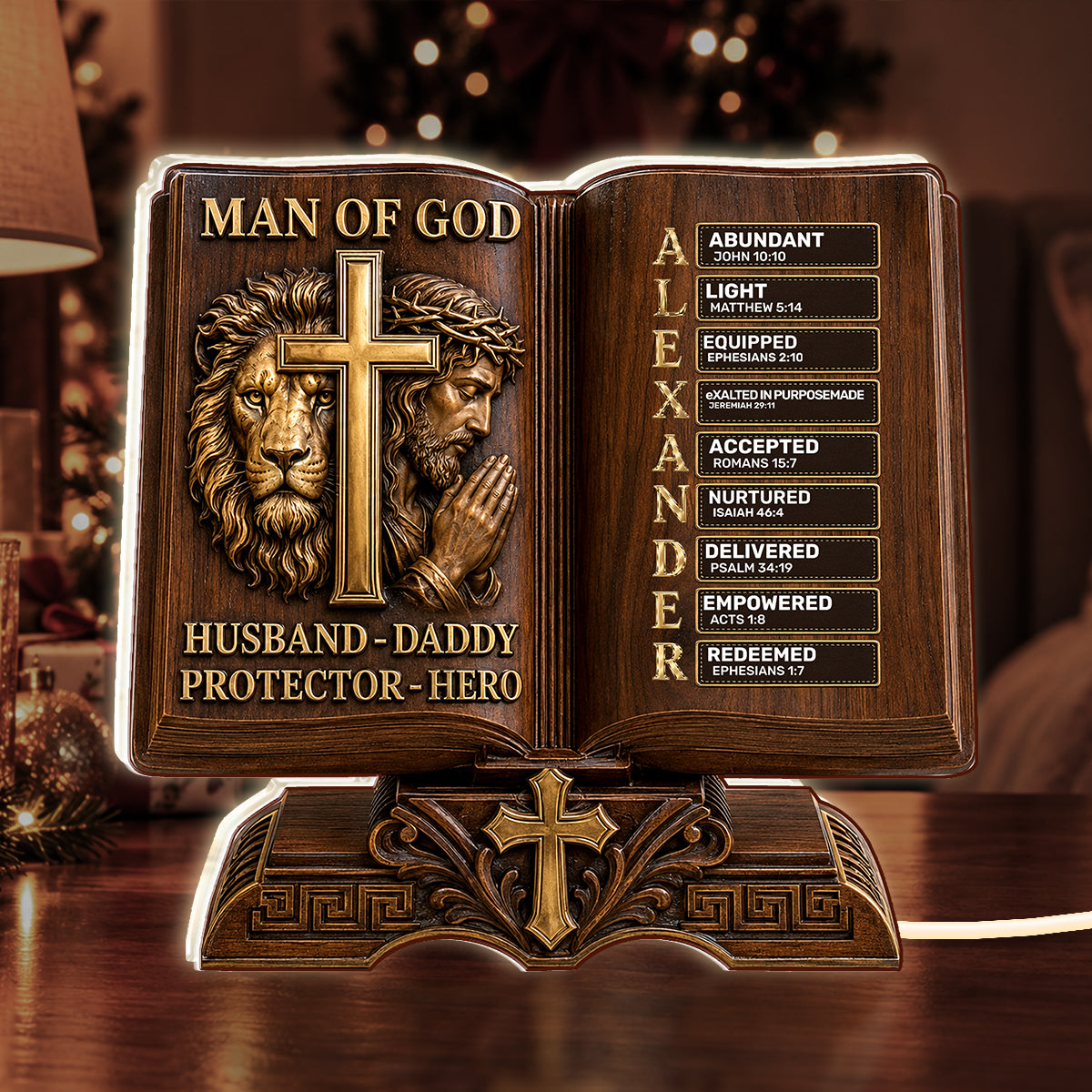 Man Of God Husband Daddy Protector Hero Wooden Edition, Gift For Husband And Dad | Personalized Light Box