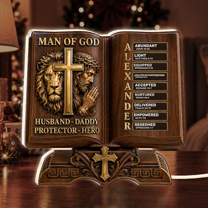 Man Of God Husband Daddy Protector Hero Wooden Edition, Gift For Husband And Dad | Personalized Light Box