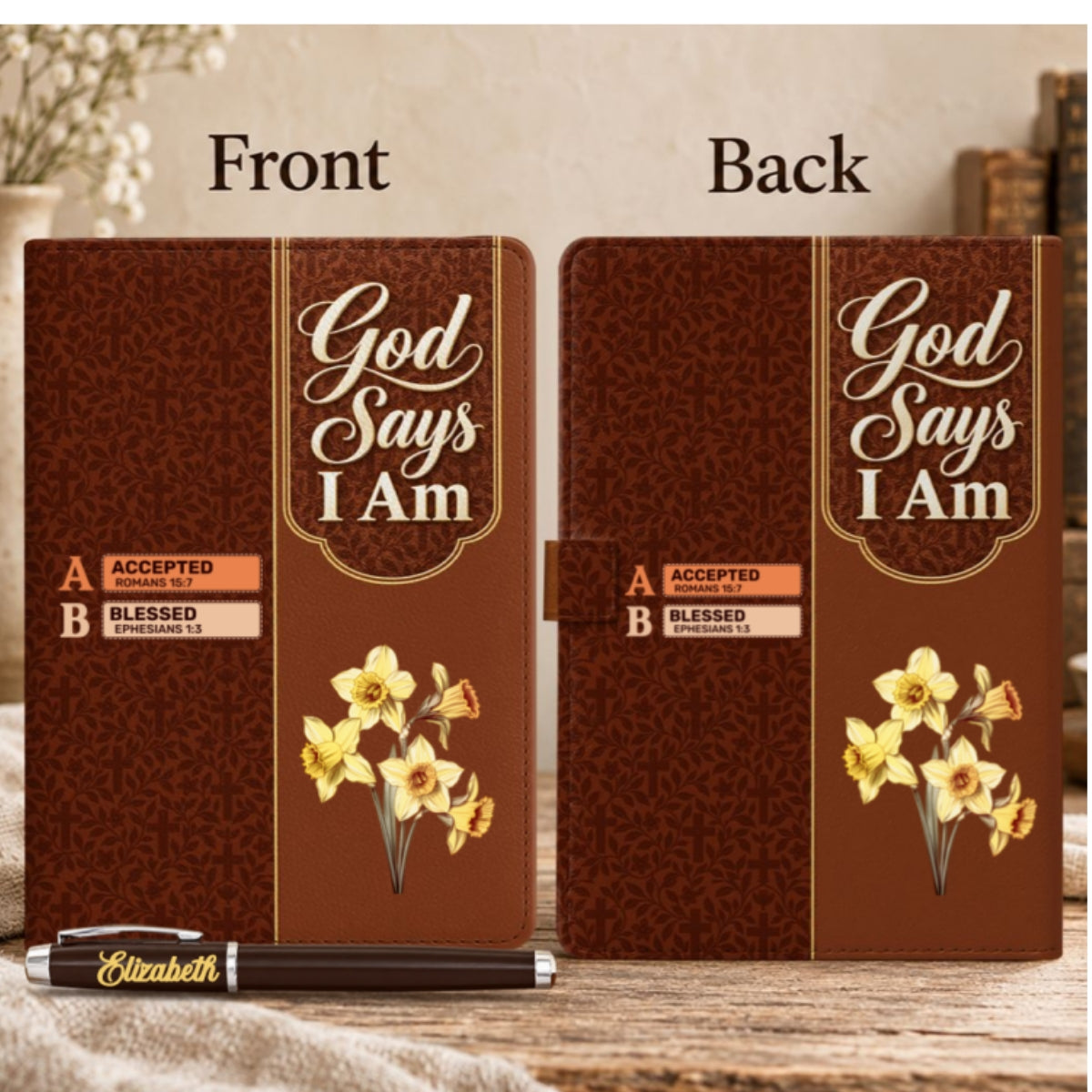 God Says I Am, Gift For Women | Personalized Leather Notebook & Pen Set