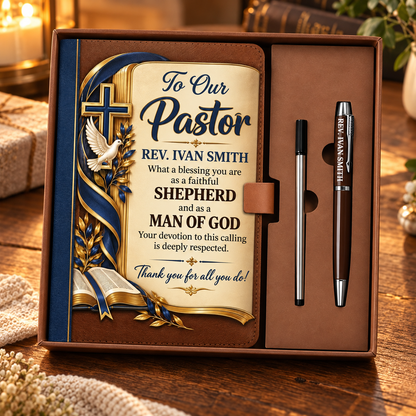 To Our Pastor And Pastor's Wife, Christian Gift For Pastor | Personalized Leather Notebook & Pen Set