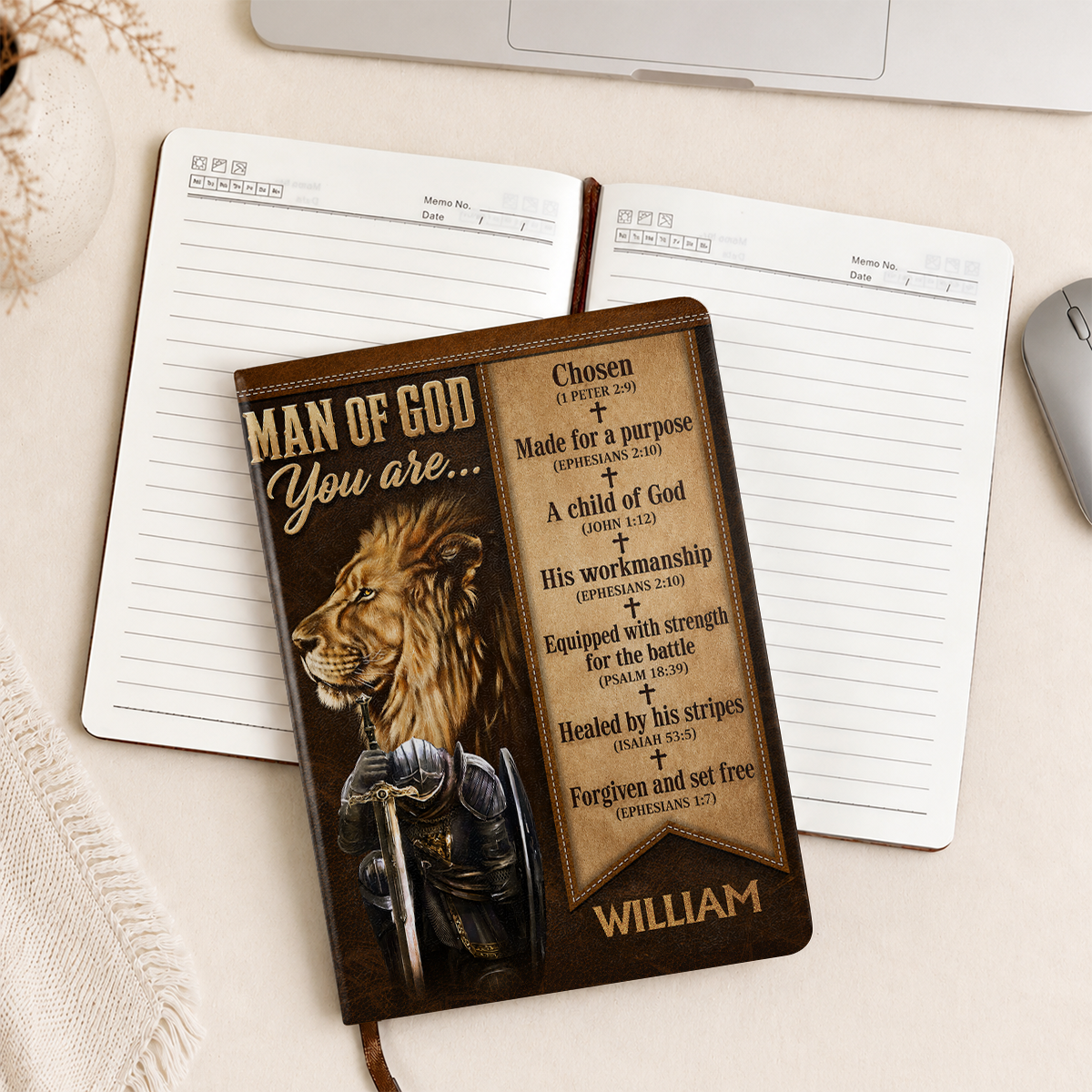 Man Of God Lion of Judah Warrior, Gift For Husband | Personalized Leather Cover Notebook