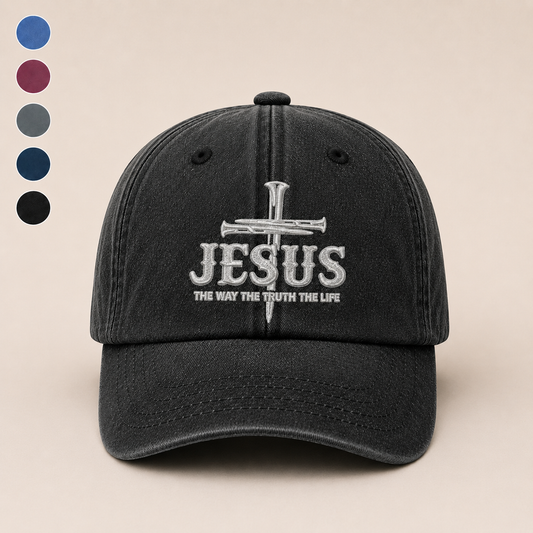 Jesus The Way The Truth The Life, Gift of Faith | Personalized Vintage Washed Denim Cap