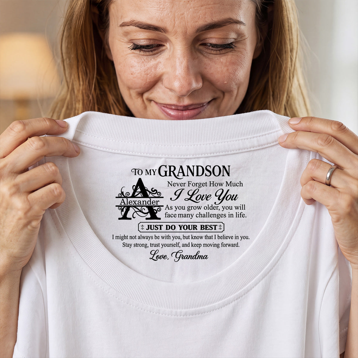 To My Grandson Never Forget How Much I Love You, Gift For Grandson | Personalized Shirt With Design Inner Neck