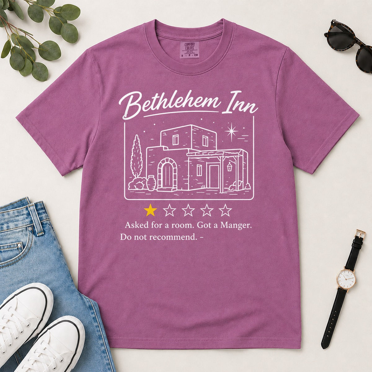 Bethlehem Inn Asked For A Room Got A Manger Do Not Recommend, Luke 2:7, Funny Christmas Gift For Christians | 2D Unisex Garment-dyed T-shirt