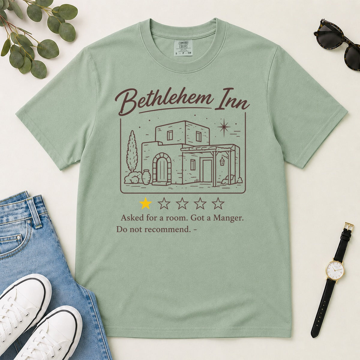 Bethlehem Inn Asked For A Room Got A Manger Do Not Recommend, Luke 2:7, Funny Christmas Gift For Christians | 2D Unisex Garment-dyed T-shirt