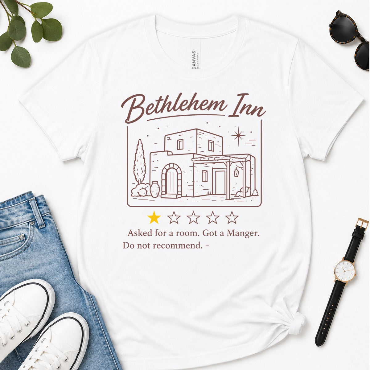 Bethlehem Inn Asked For A Room Got A Manger Do Not Recommend, Luke 2:7, Funny Christmas Gift For Christians | 2D Unisex Premium T-shirt