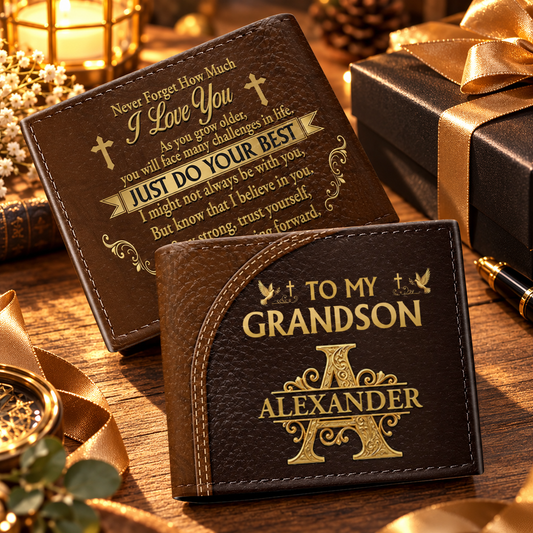 To My Grandson, Christian Gifts For Grandson | Personalized Leather Folded Wallet