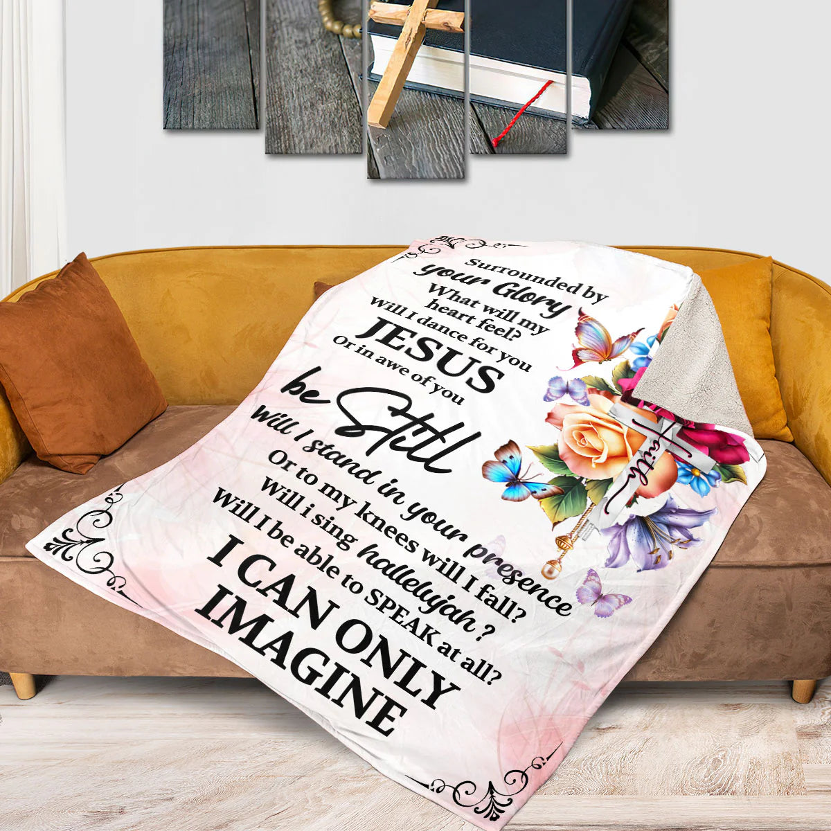 I Can Only Imagine Christian Fleece Blanket, Jesus Cross Floral Faith Blanket