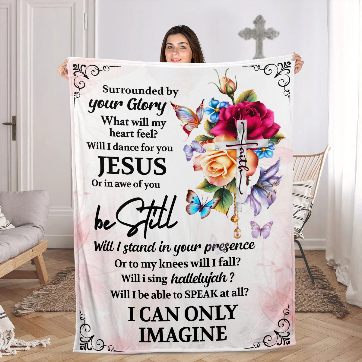 I Can Only Imagine Christian Fleece Blanket, Jesus Cross Floral Faith Blanket
