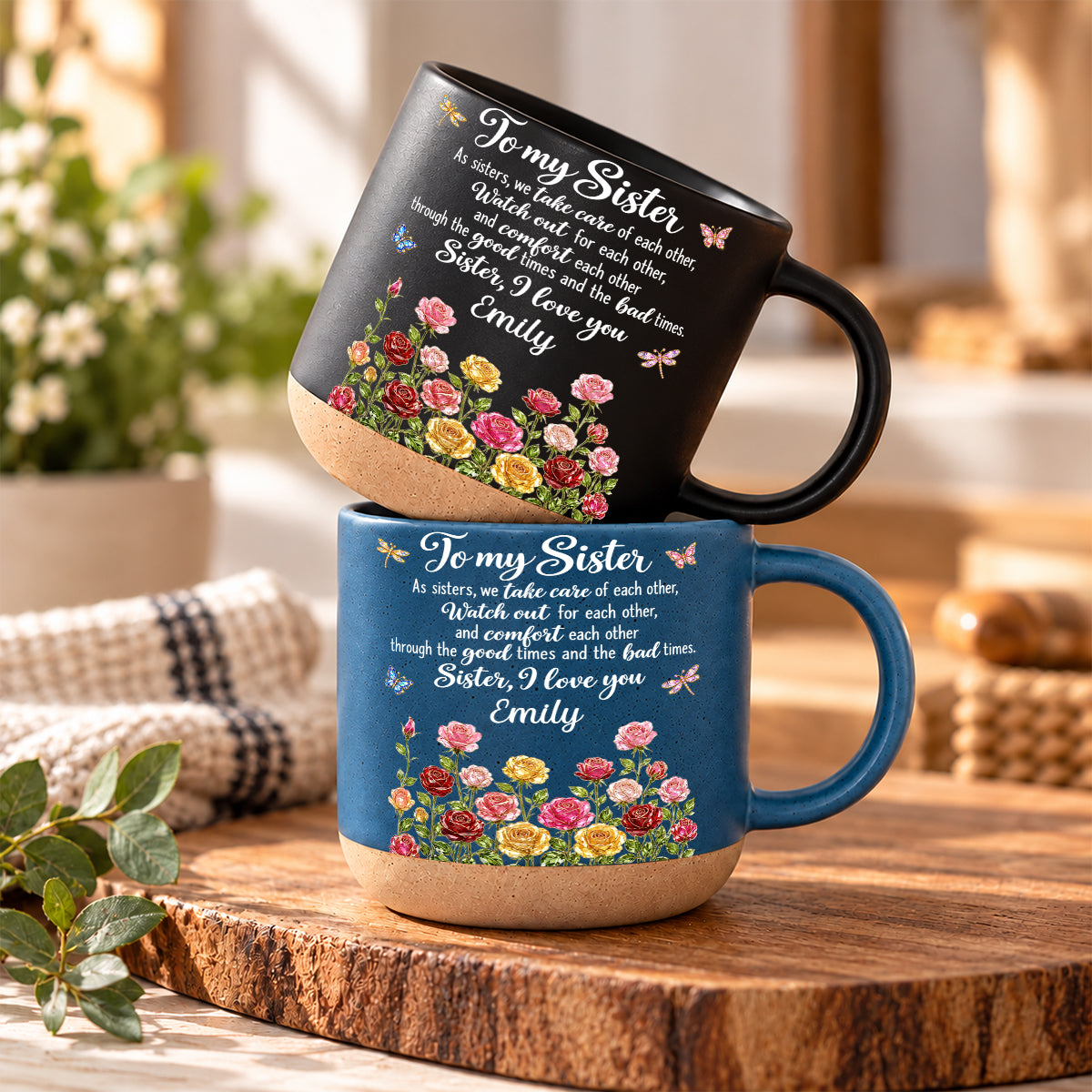 Blooming Bond, Custom Christmas & Birthday Gift For Sister - Personalized Pottery Mug