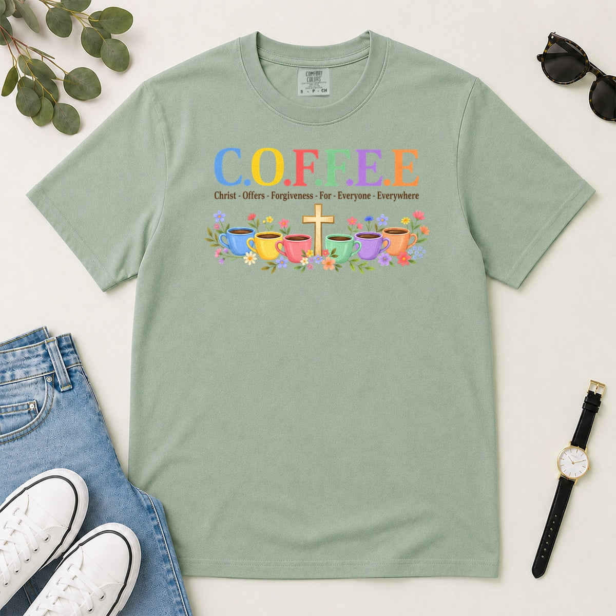 COFFEE Christ Offers Forgiveness For Everyone Everywhere, Gift For Christian Coffee Lovers - 2D Unisex Garment-dyed T-shirt