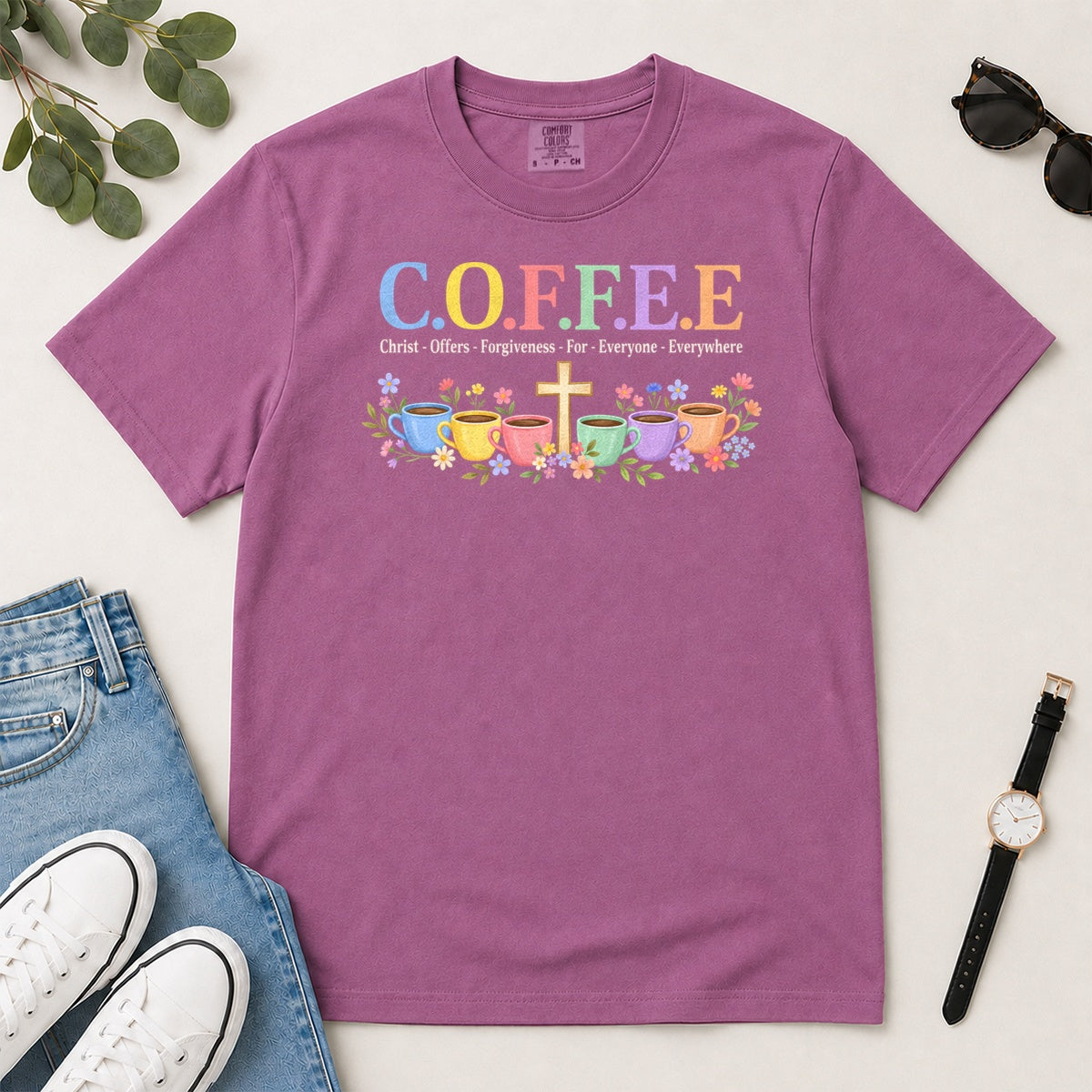 COFFEE Christ Offers Forgiveness For Everyone Everywhere, Gift For Christian Coffee Lovers - 2D Unisex Garment-dyed T-shirt