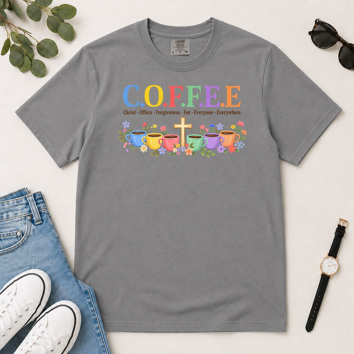 COFFEE Christ Offers Forgiveness For Everyone Everywhere, Gift For Christian Coffee Lovers - 2D Unisex Garment-dyed T-shirt