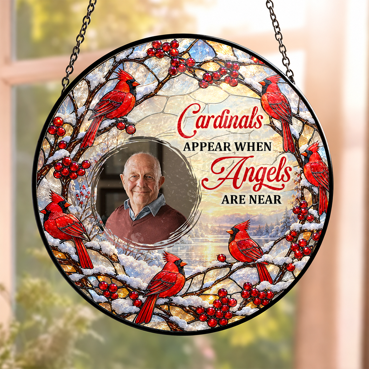 Cardinals Appear When Angels Are Near, Gift For Loved One | Personalized Stained Glass Window Hanging Suncatcher