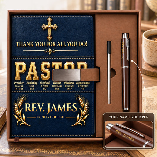 Thank You for All You Do, Gift For Pastor | Personalized Leather Notebook & Pen Set