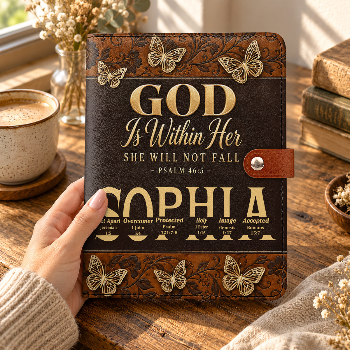 God Is Within Her She Will Not Fall, Gift For Women | Personalized Leather Notebook Cover With Pocket