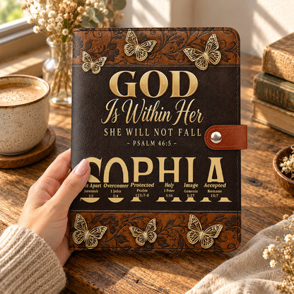God Is Within Her She Will Not Fall, Gift For Women | Personalized Leather Notebook Cover With Pocket