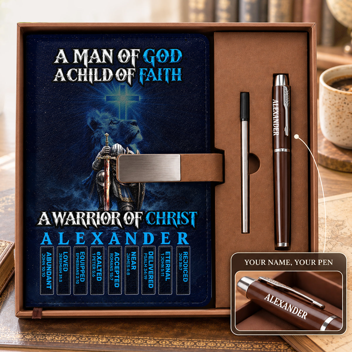 A Man Of God, Gift For Men | Personalized Leather Notebook & Pen Set